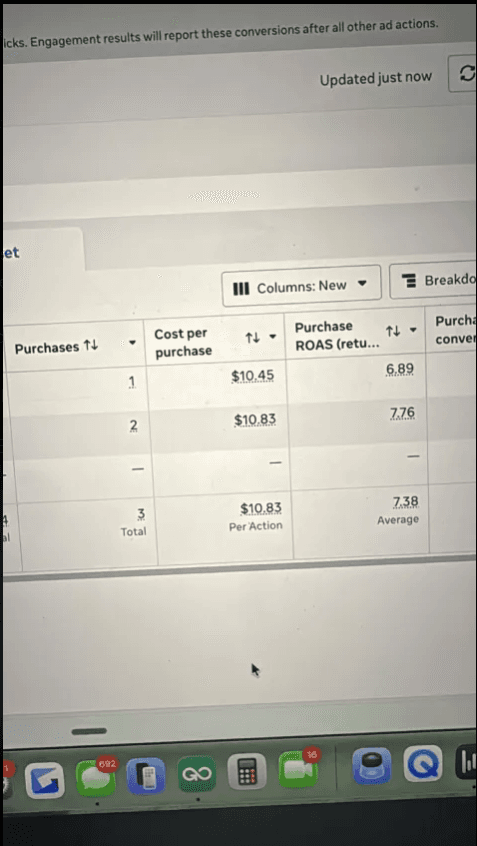 Meta Ads Manager showing purchase ROAS of 6.89x and 7.76x, averaging 7.38x return on ad spend