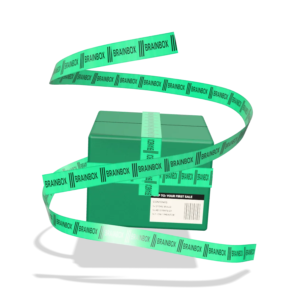 A green shipping box wrapped in BrainBox packing tape, with a shipping label reading Ship to: your first sale
